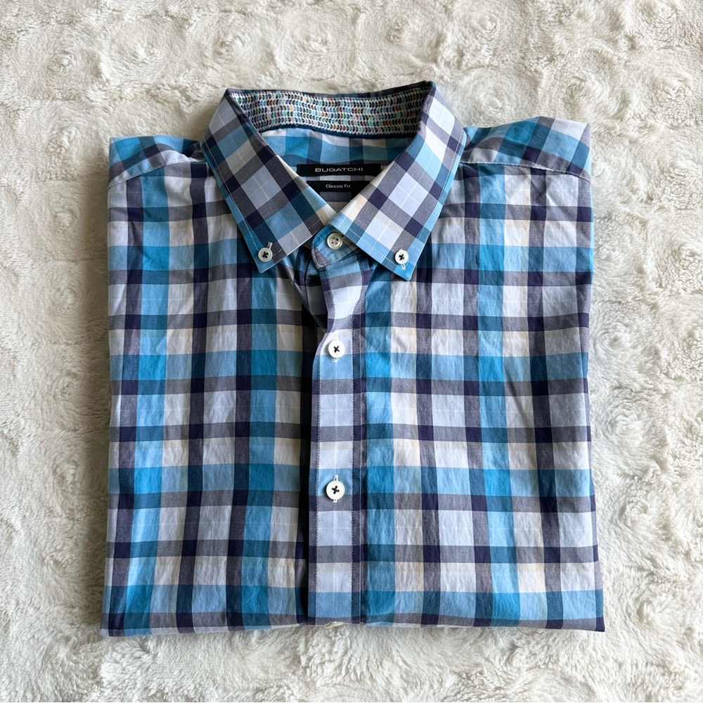 Bugatchi Shirt Mens XL Blue Check Button Cotton Classic Fit Contrast Cuff Dress